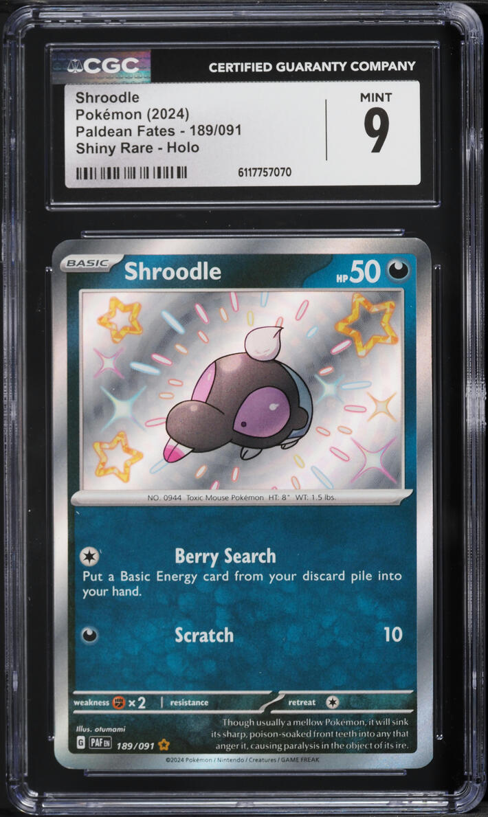 2024 Pokemon Scarlet & Violet Paldean Fates Shiny Rare Shroodle #189 CGC 9 MINT