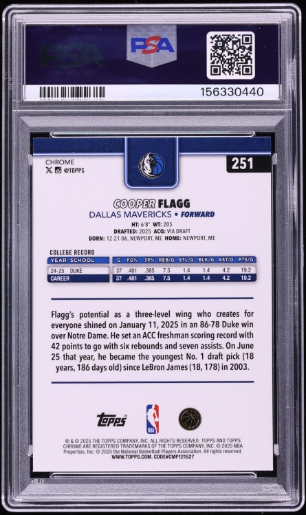 2025 Topps Chrome Blue Refractor Cooper Flagg ROOKIE /150 #251 PSA 10 GEM MINT