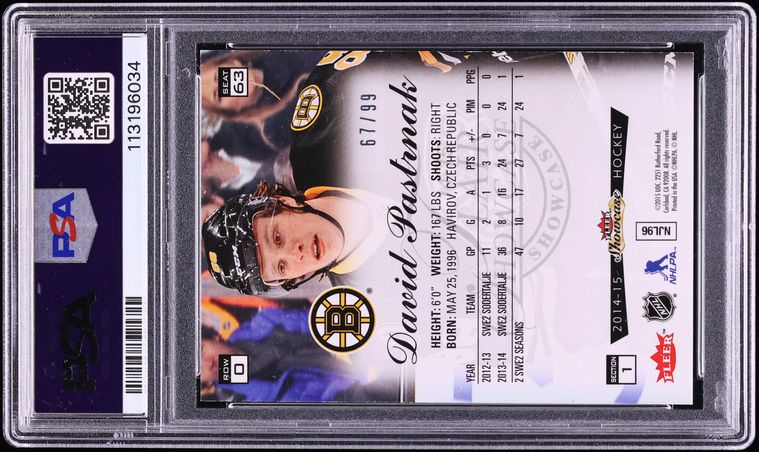 2014 Flair Showcase Blue Ice David Pastrnak ROOKIE /99 #63 PSA 8 NM-MT