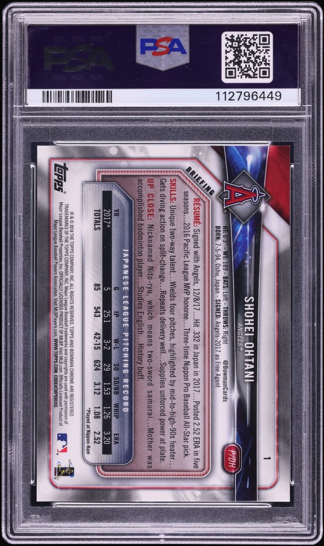 2018 Bowman Chrome Carrying Bag Shohei Ohtani ROOKIE #1 PSA 10 GEM MINT