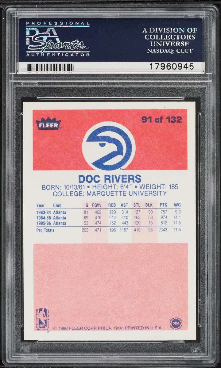 1986 Fleer Basketball Doc Rivers ROOKIE #91 PSA 10 GEM MINT