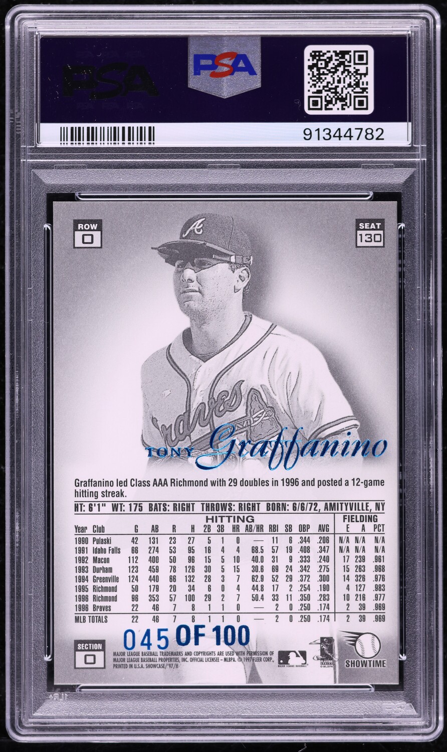 1997 Flair Showcase Legacy Collection Row 0 Tony Graffanino ROOKIE /100 #130 PSA 9 MINT