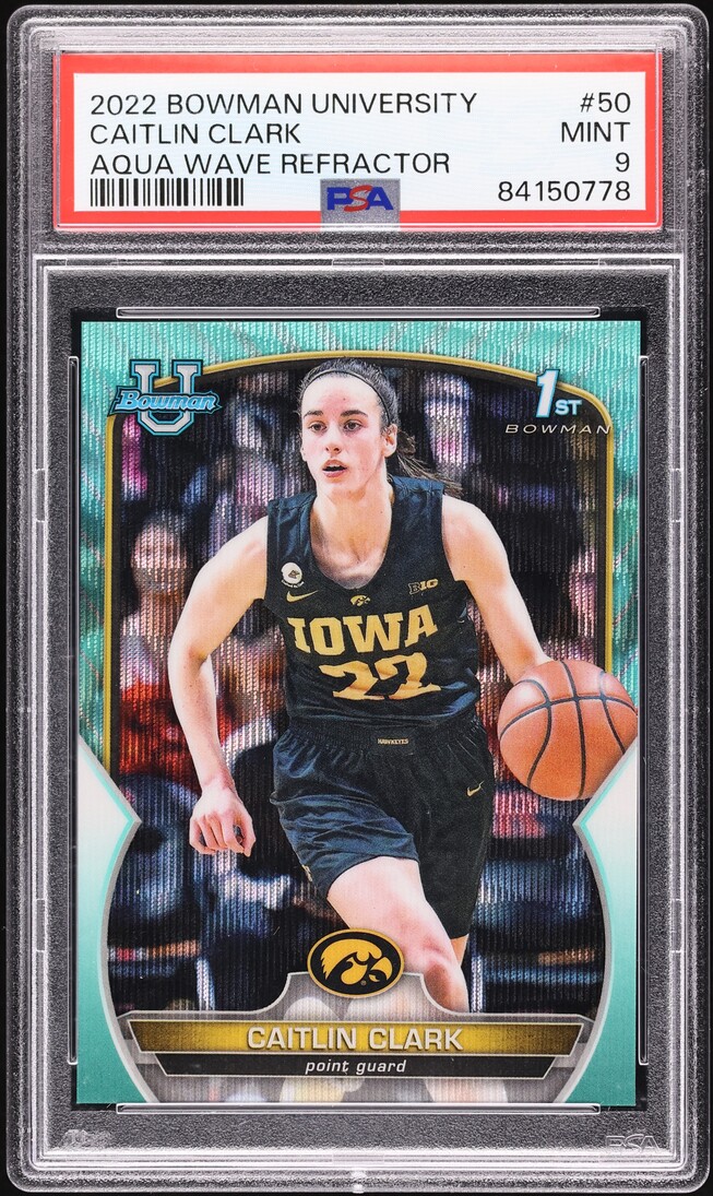 2022 Bowman University Aqua Wave Refractor Caitlin Clark ROOKIE /299 #50 PSA 9