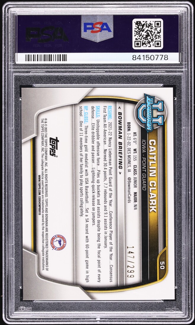 2022 Bowman University Aqua Wave Refractor Caitlin Clark ROOKIE /299 #50 PSA 9
