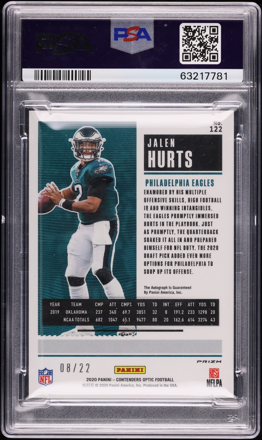 2020 Panini Contenders Optic Cracked Ice Jalen Hurts ROOKIE AUTO /22 PSA 9 MINT