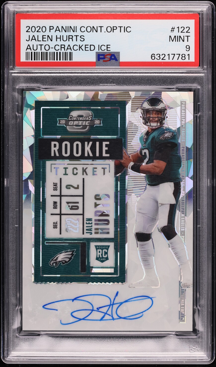 2020 Panini Contenders Optic Cracked Ice Jalen Hurts ROOKIE AUTO /22 PSA 9 MINT