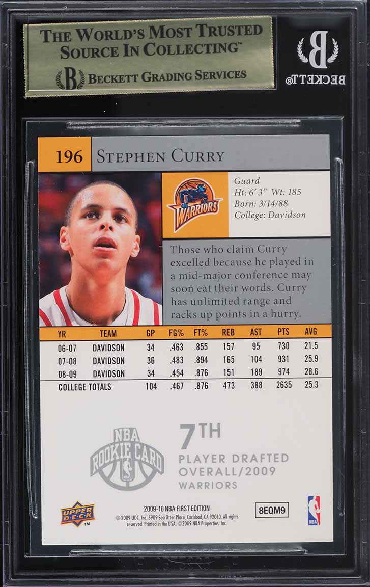 2009 Upper Deck First Edition Stephen Curry ROOKIE #196 BGS 9.5 GEM MINT