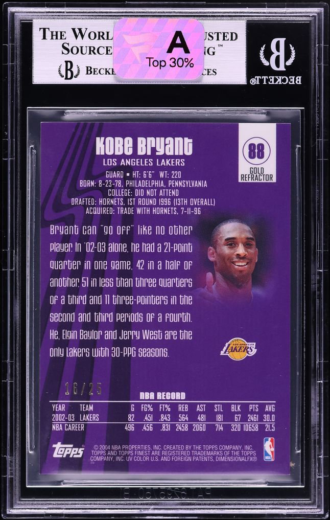 2003 Finest Refractor Gold Refractor Kobe Bryant /25 #88 BGS 9 MINT