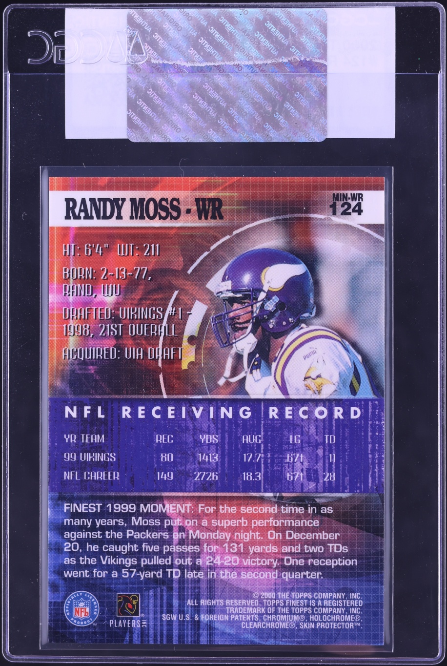 2000 Finest Football Randy Moss #124 CGC AUTH