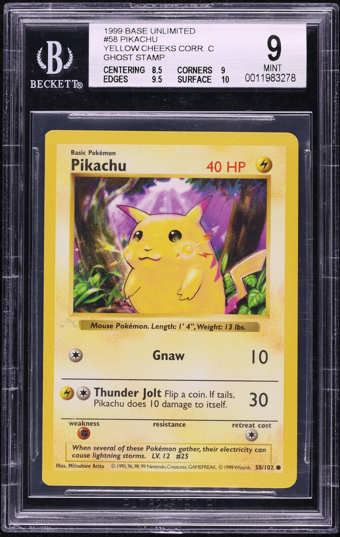 1999 Pokemon Base Set Yellow Cheeks Ghost Stamp Pikachu #58 BGS 9 MINT