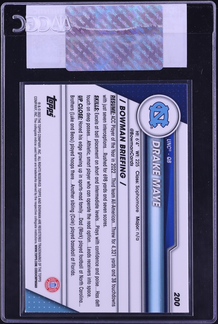 2023 Bowman Chrome University Drake Maye ROOKIE #200 CGC AUTH