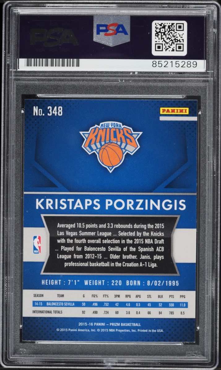 2015 Panini Prizm Kristaps Porzingis ROOKIE AUTO DNA PSA 10 GEM MINT