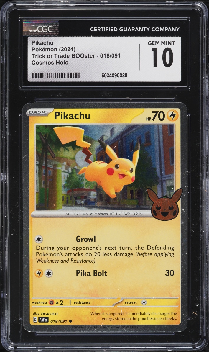 2024 Pokemon SV Paldean Fates Trick Or Trade BOOster Cosmos Holo Pikachu #18 CGC 10 GEM MINT