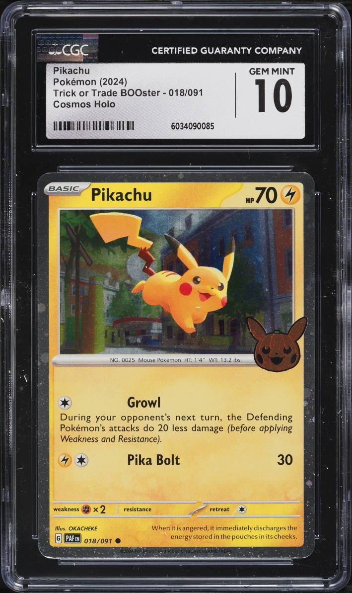 2024 Pokemon SV Paldean Fates Trick Or Trade BOOster Cosmos Holo Pikachu #18 CGC 10 GEM MINT