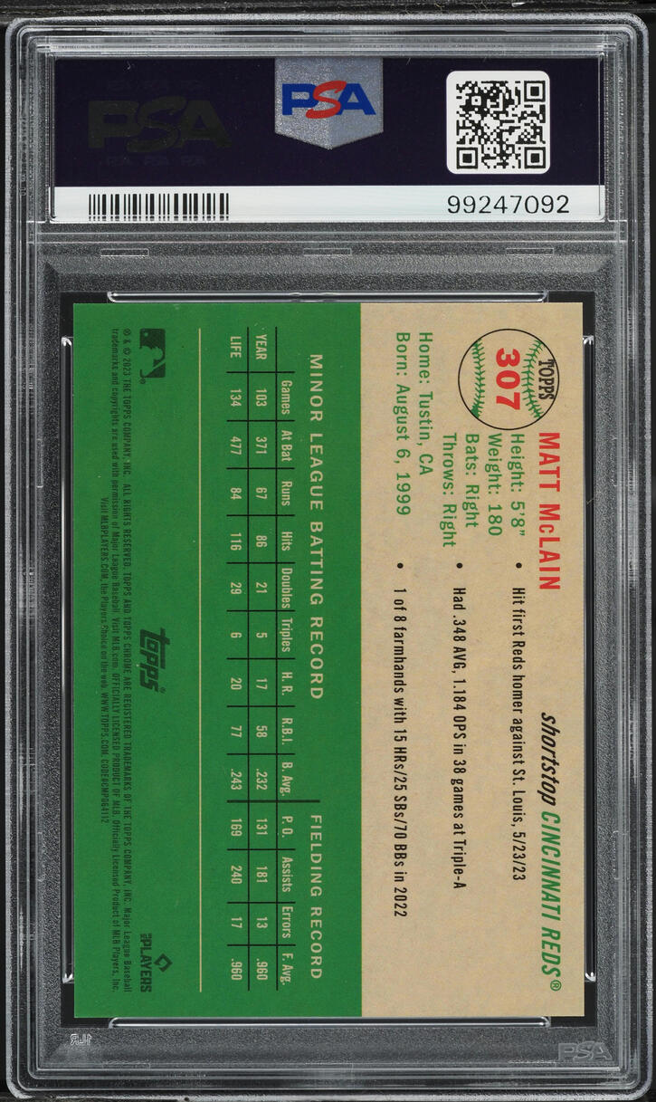 2023 Topps Chrome Platinum Anniversary Red Refractor Matt McLain /5 #307 PSA 10