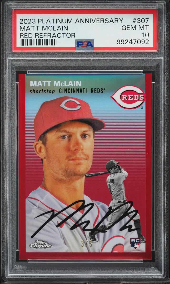 2023 Topps Chrome Platinum Anniversary Red Refractor Matt McLain /5 #307 PSA 10