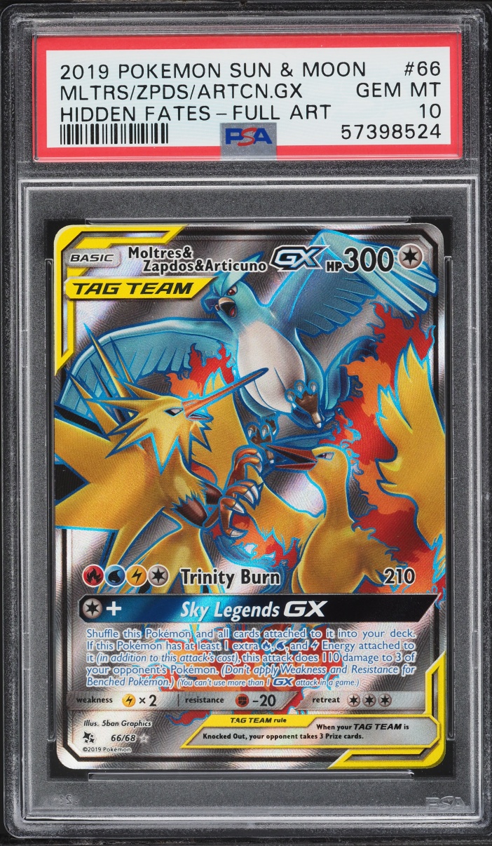 2019 Pokemon Sun & Moon Hidden Fates Full Art Moltres Zapdos Articuno GX #66 PSA 10 GEM MINT