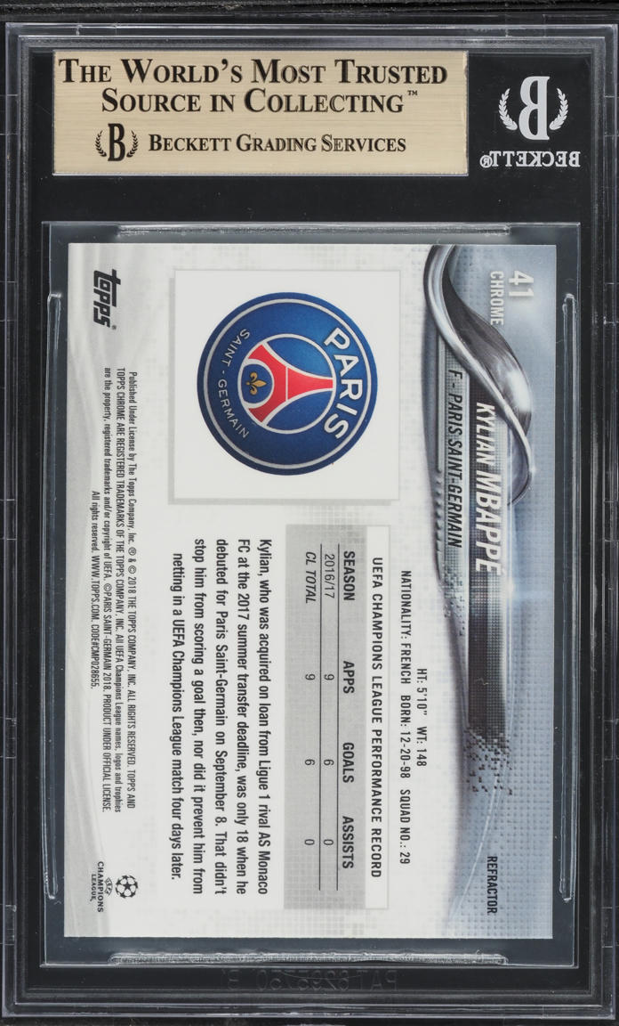 2017 Topps Chrome UEFA Refractor Kylian Mbappe ROOKIE #41 BGS 10 PRISTINE