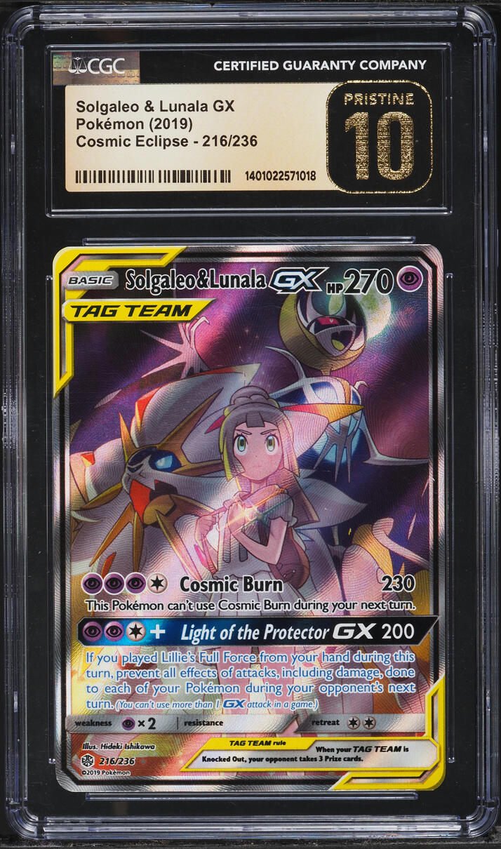 2019 Pokemon Sun & Moon Cosmic Eclipse Alt Art Solgaleo & Lunala GX #216 CGC 10 PRISTINE
