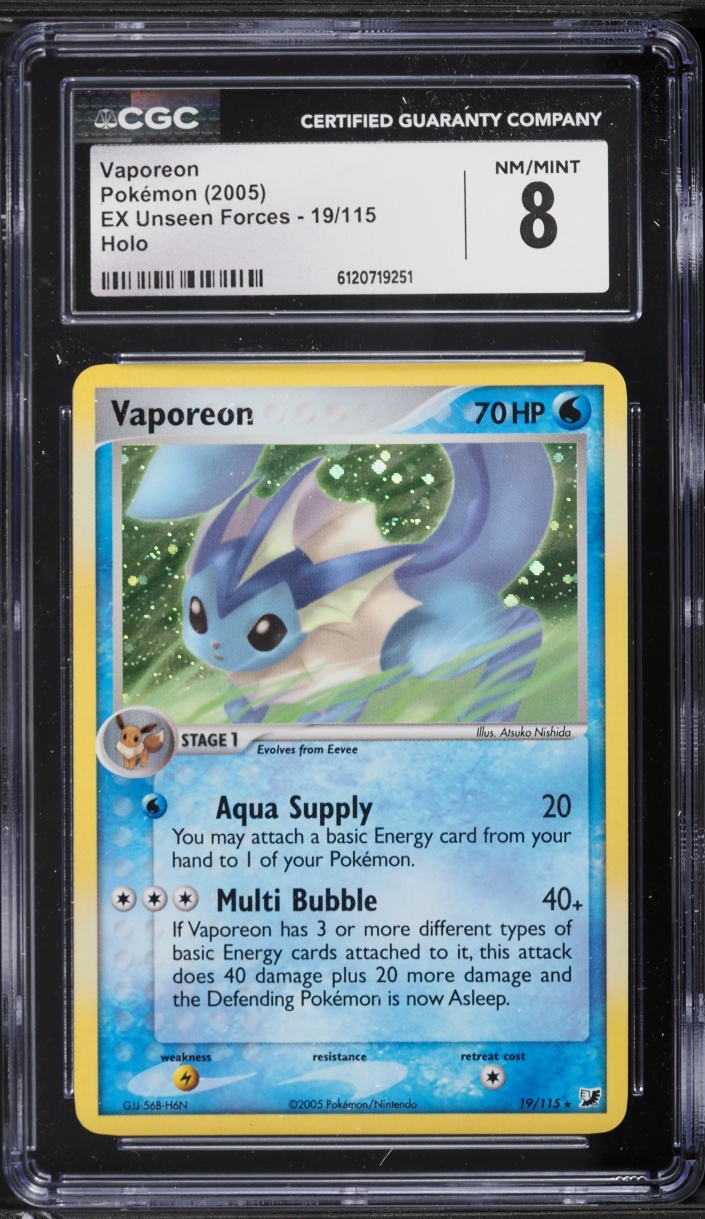 2005 Pokemon EX Unseen Forces Holo Vaporeon #19 CGC 8 NM-MT