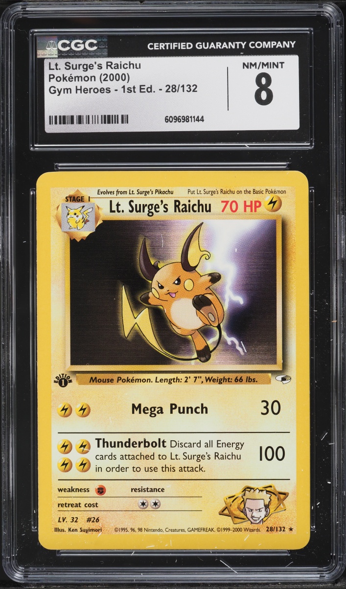 2000 Pokemon Gym Heroes 1st Edition Lt. Surge's Raichu #28 CGC 8 NM-MT