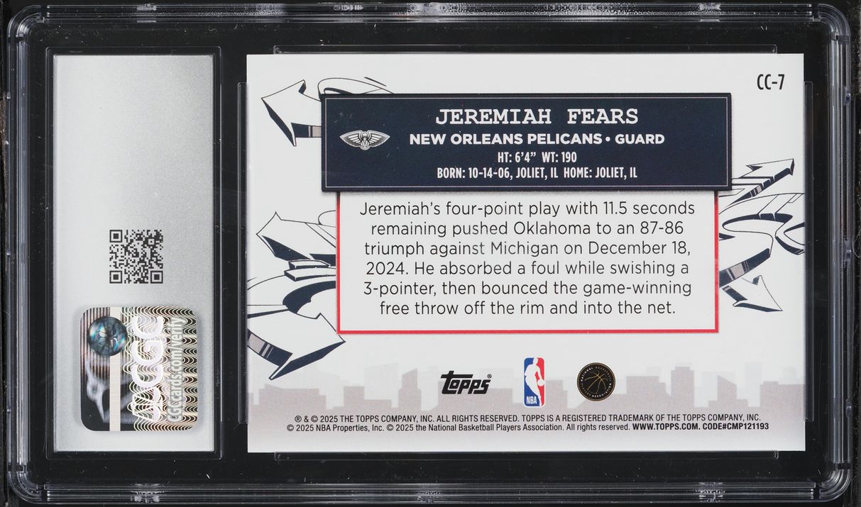 2025 Topps Clutch City Prospects Jeremiah Fears ROOKIE #CC-7 CGC 10 GEM MINT