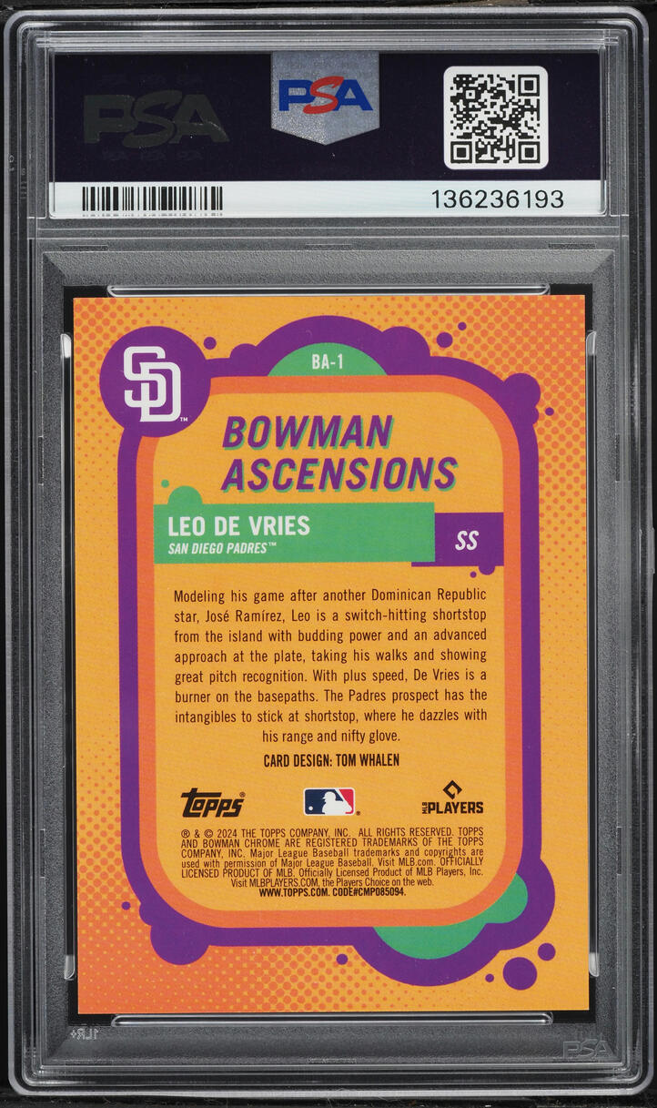 2024 Bowman Chrome Ascensions Orange Refractor Leo De Vries PROSPECT /25 #BA-1 PSA 9 MINT