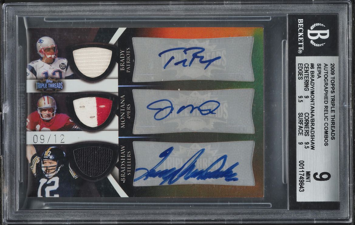 2009 Topps Triple Threads Tom Brady Joe Montana Bradshaw PATCH AUTO /12 BGS 9