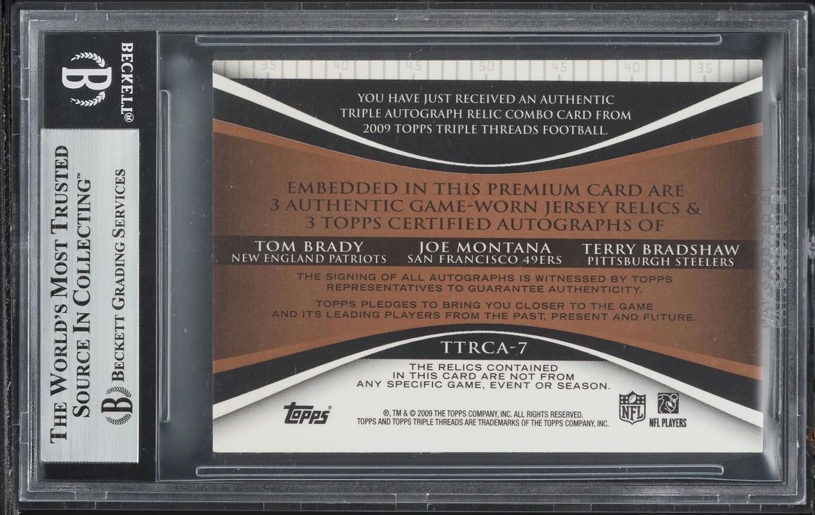 2009 Topps Triple Threads Tom Brady Joe Montana Bradshaw PATCH AUTO /12 BGS 9