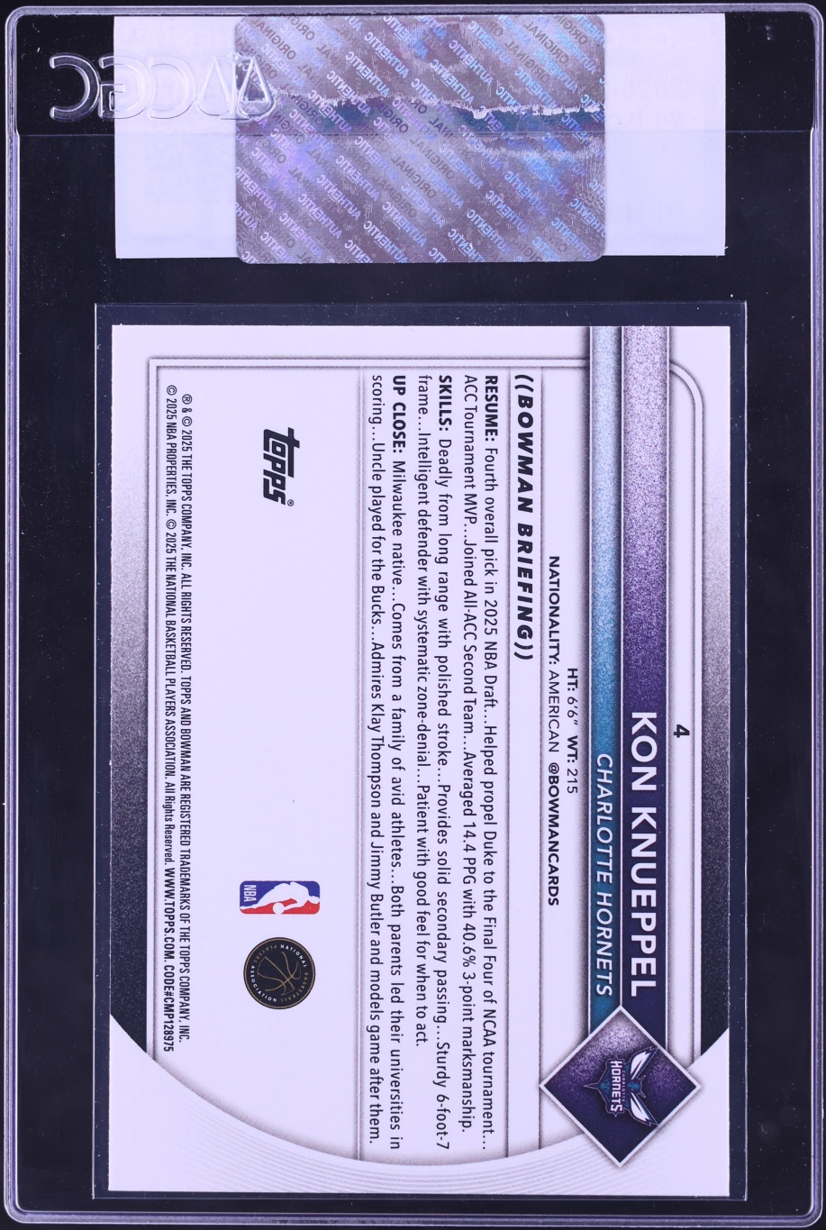 2025 Bowman Basketball Kon Knueppel ROOKIE #4 CGC AUTH