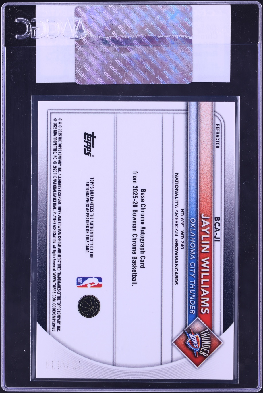 2025 Bowman Chrome Refractor Jaylin Williams AUTO /499 #BCA-JI CGC AUTH