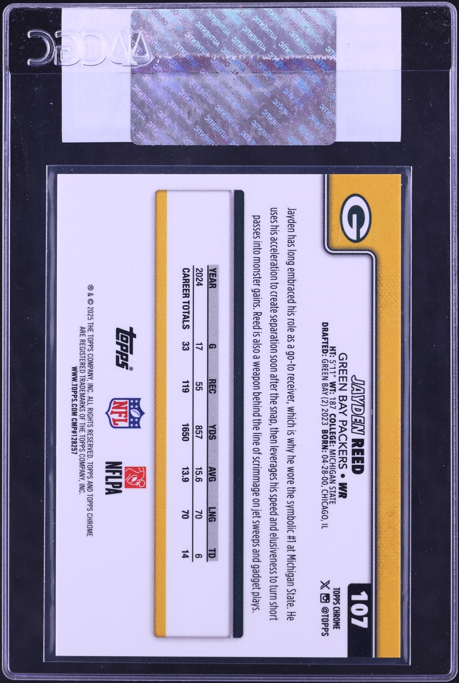 2025 Topps Chrome White Refractor Jayden Reed /30 #107 CGC AUTH
