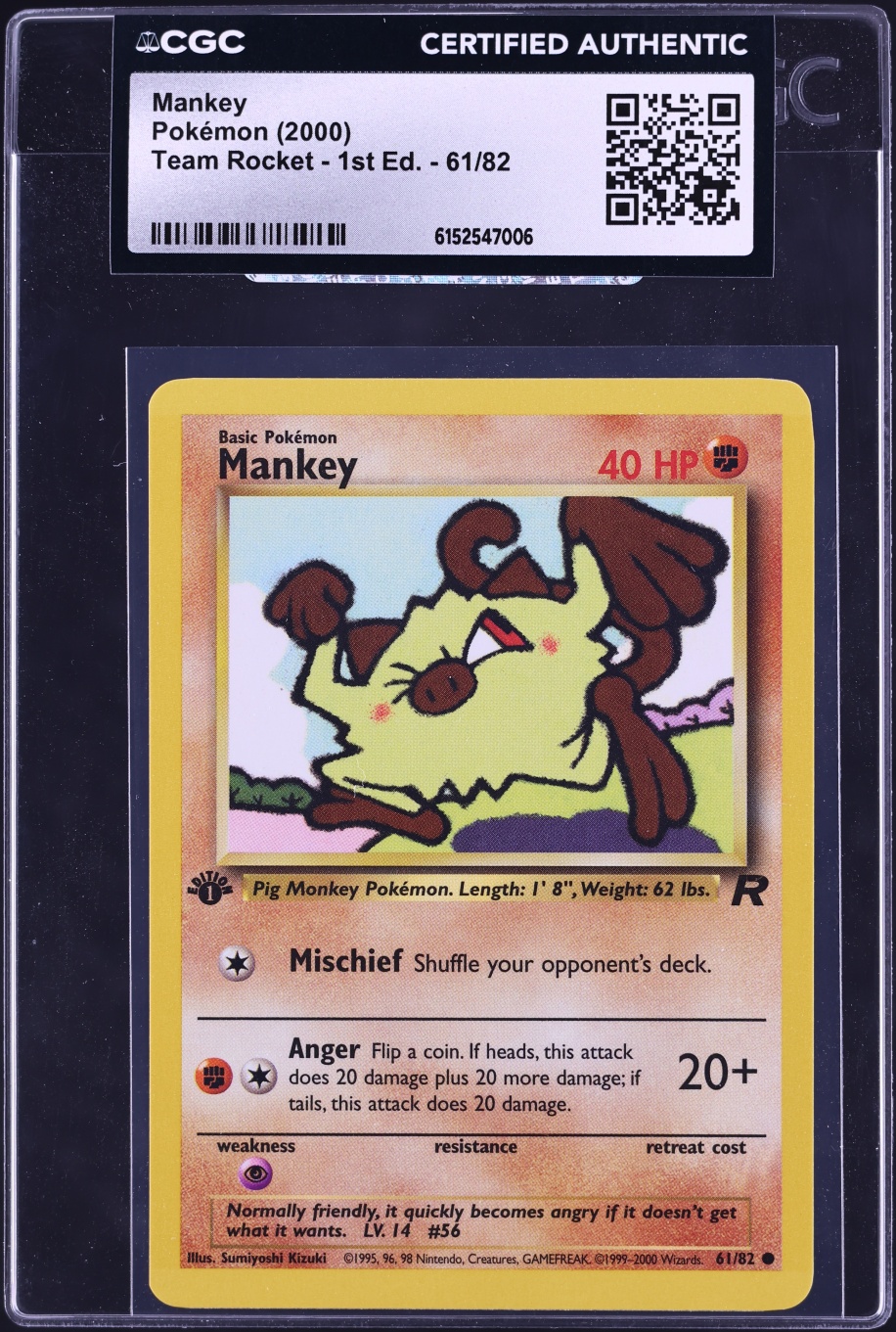 2000 Pokemon Team Rocket 1st Edition Mankey #61 CGC AUTH