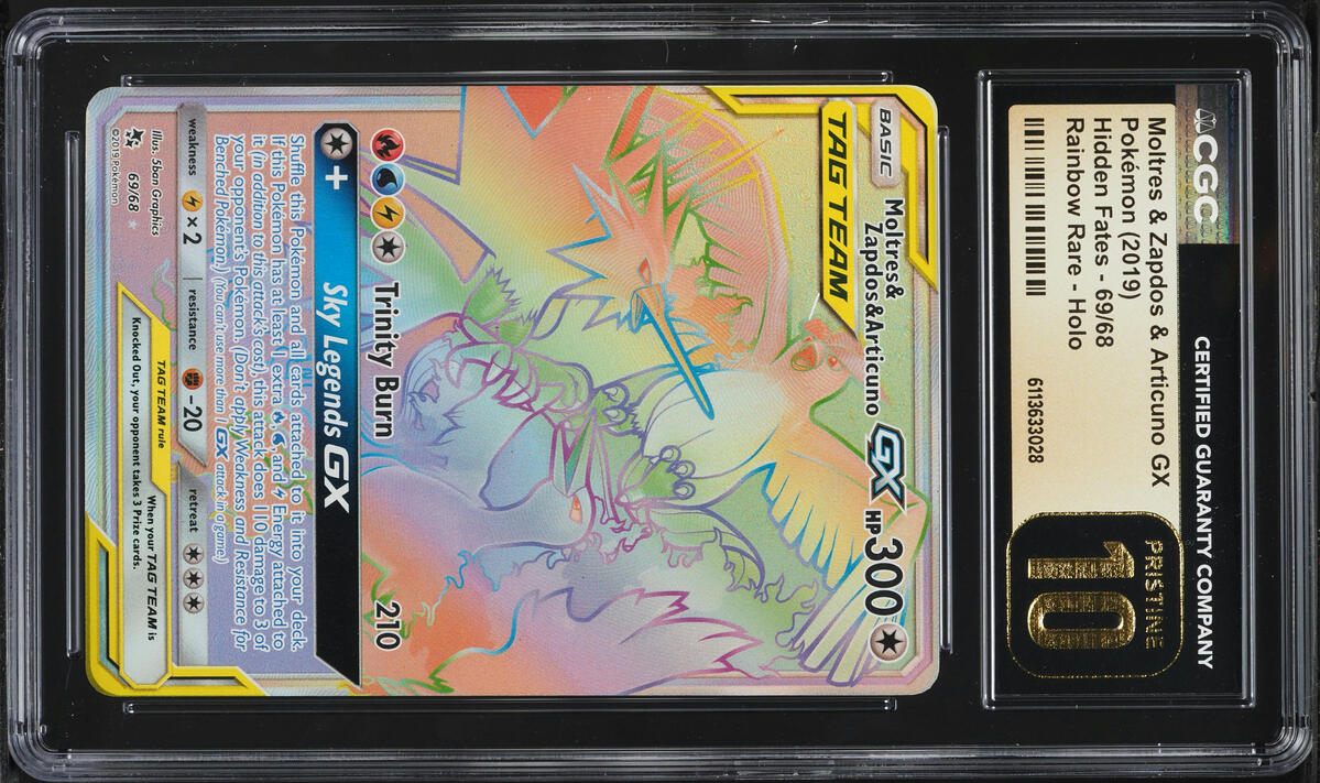 2019 Pokemon SM Hidden Fates Rainbow Rare Moltres & Zapdos & Articuno GX #69 CGC 10 PRISTINE