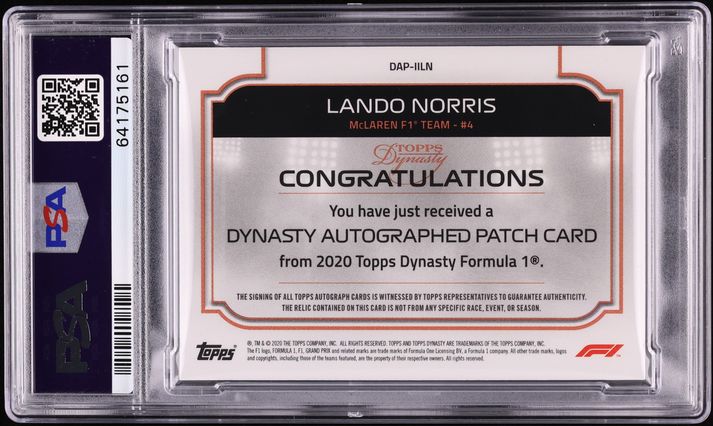 2020 Topps Dynasty Formula 1 F1 Lando Norris PATCH AUTO DNA 10 10/10 #IILN PSA 10 GEM MINT