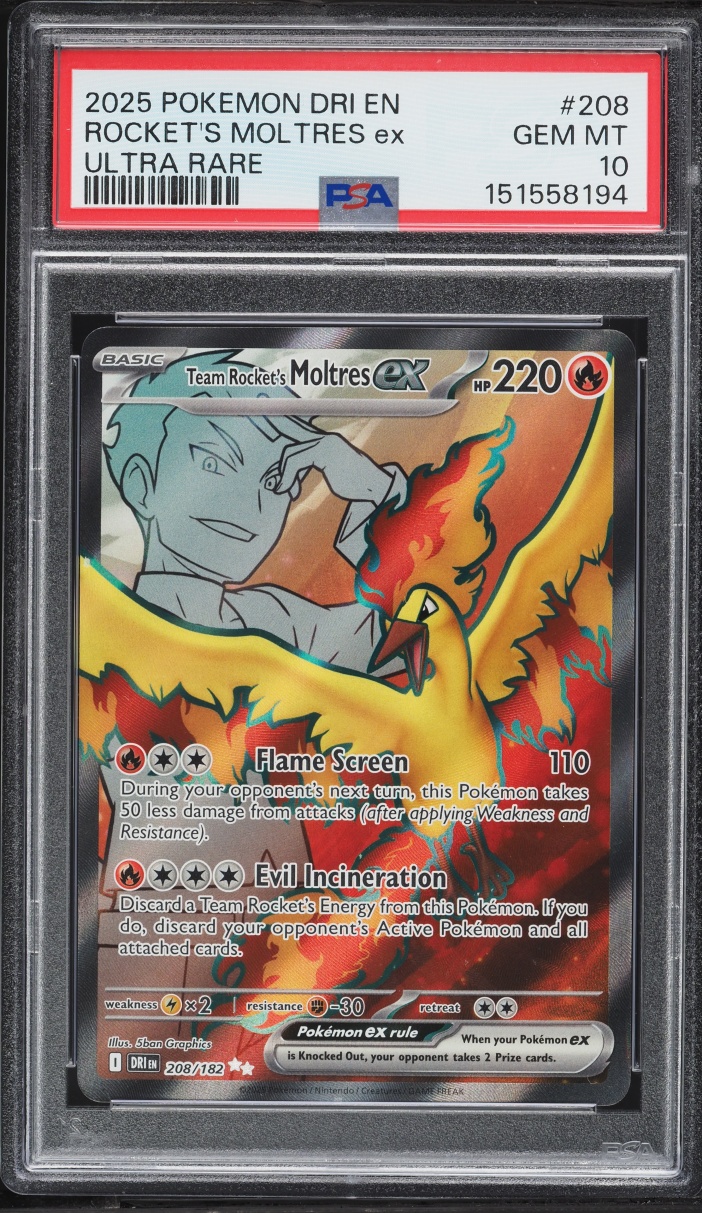 2025 Pokemon Scarlet & Violet Destined Rivals Full Art Team Rocket's Moltres EX #208 PSA 10 GEM