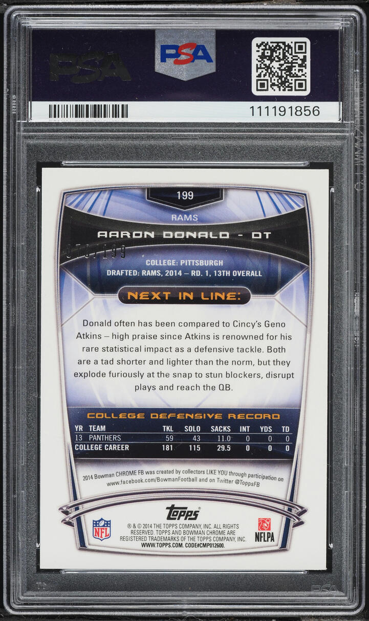 2014 Bowman Chrome Blue Refractor Aaron Donald ROOKIE /199 #199 PSA 9 MINT