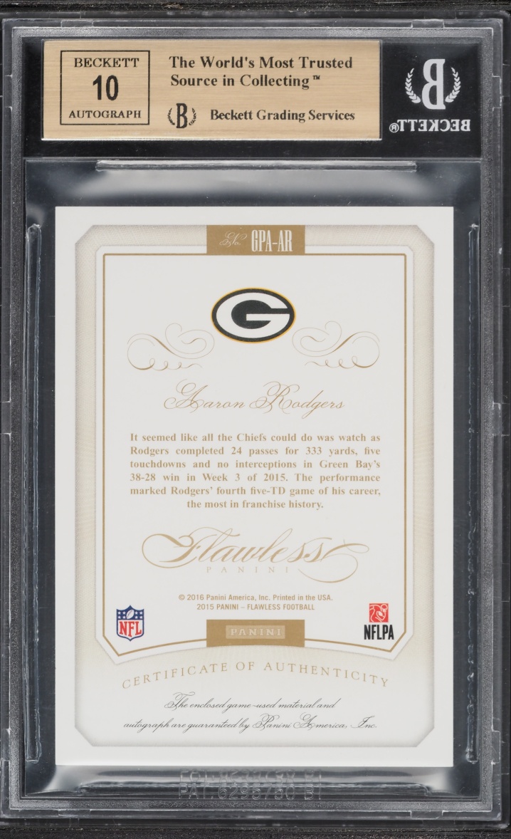2015 Panini Flawless Greats Aaron Rodgers PATCH AUTO /25 #GPA-AR BGS 9.5 GEM MINT - Photo 2