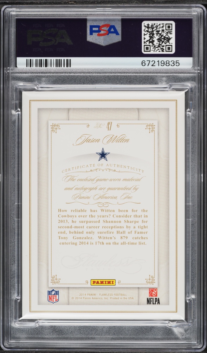 2014 Panini Flawless Gold Jason Witten PATCH AUTO DNA 10 /10 #47 PSA 10 GEM MINT - Photo 2