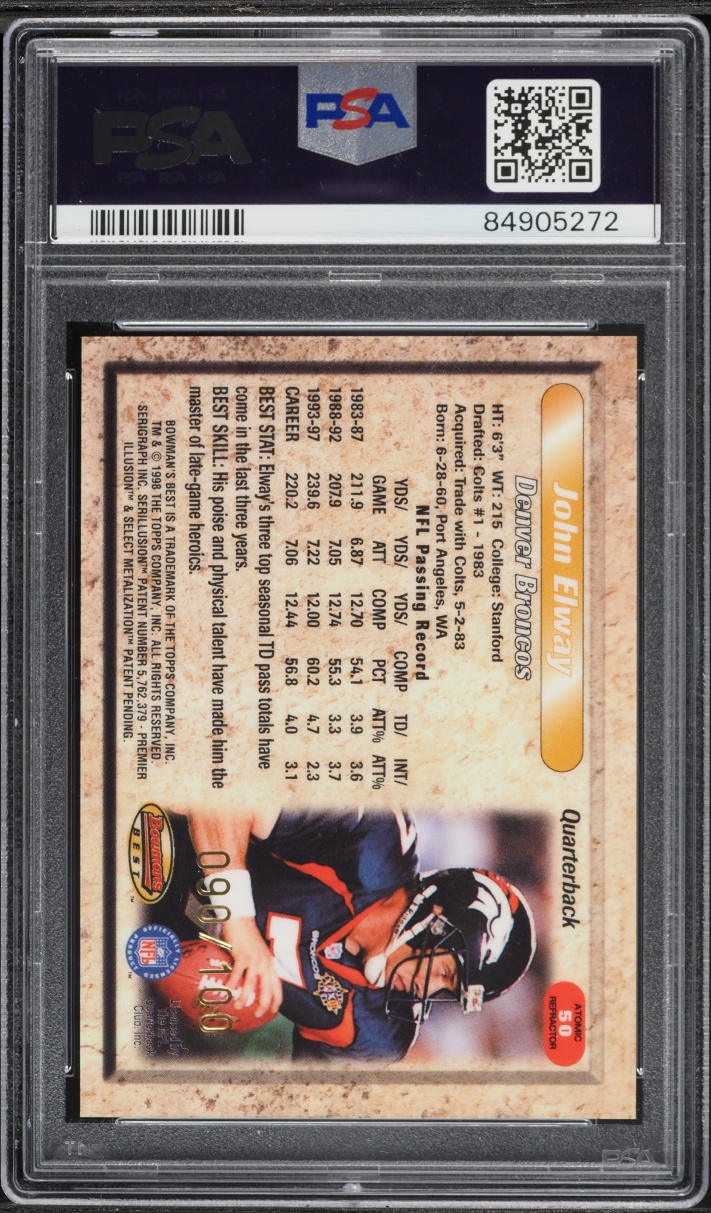 1998 Bowman's Best Atomic Refractor John Elway /100 #50 PSA 10 GEM MINT - Photo 2