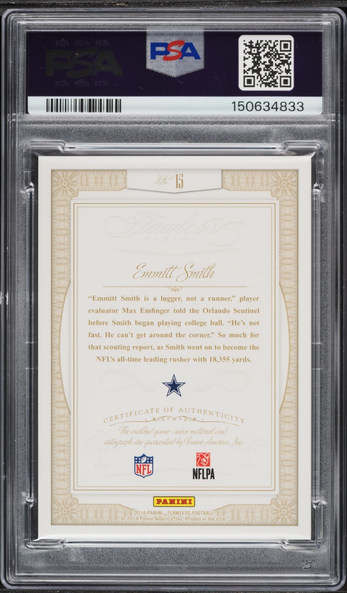 2014 Panini Flawless Greats Emmitt Smith PATCH AUTO /25 #15 PSA 9 MINT - Photo 2