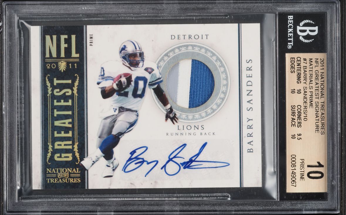 2011 Playoff National Treasures NFL Greatest Barry Sanders PATCH AUTO /10 #7 BGS 10 PRISTINE - Photo 1