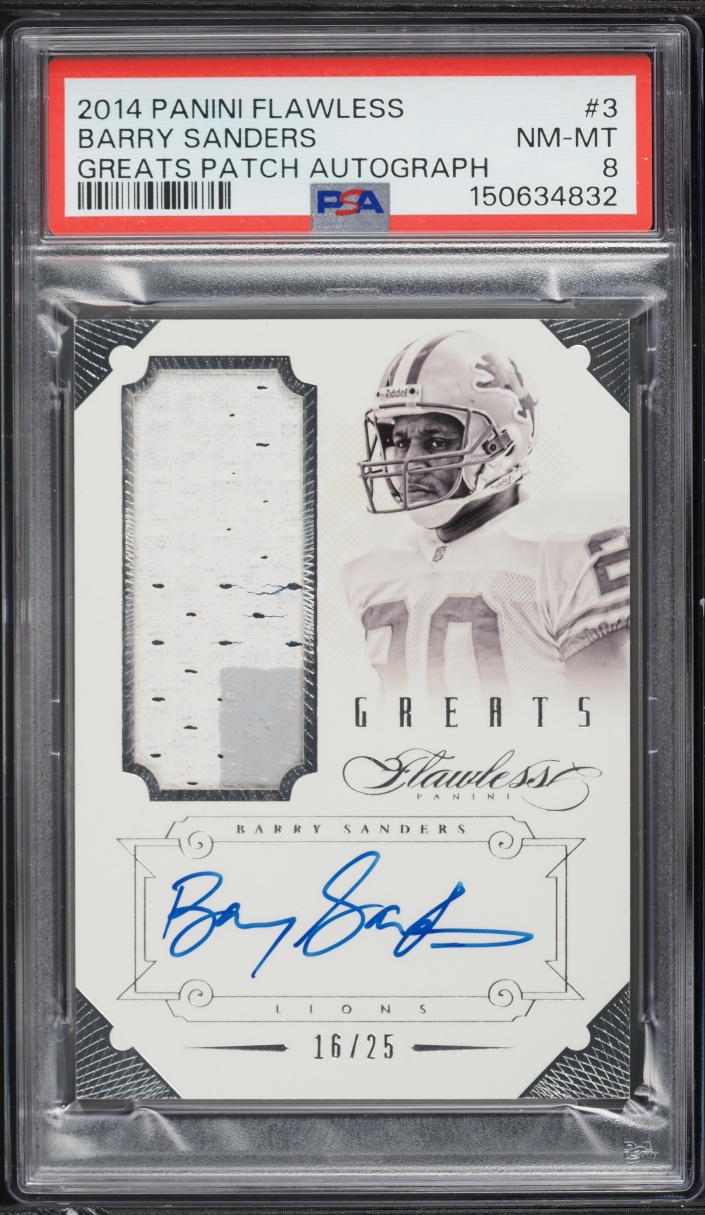 2014 Panini Flawless Greats Barry Sanders PATCH AUTO /25 #3 PSA 8 NM-MT - Photo 1