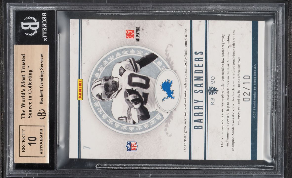 2011 Playoff National Treasures NFL Greatest Barry Sanders PATCH AUTO /10 #7 BGS 10 PRISTINE - Photo 2