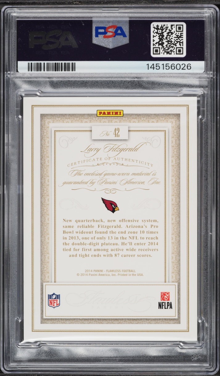 2014 Panini Flawless Gold Larry Fitzgerald PATCH /10 #42 PSA 10 GEM MINT - Photo 2