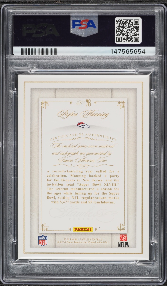 2014 Panini Flawless Gold Peyton Manning PATCH AUTO DNA 10 /10 #76 PSA 9 MINT - Photo 2
