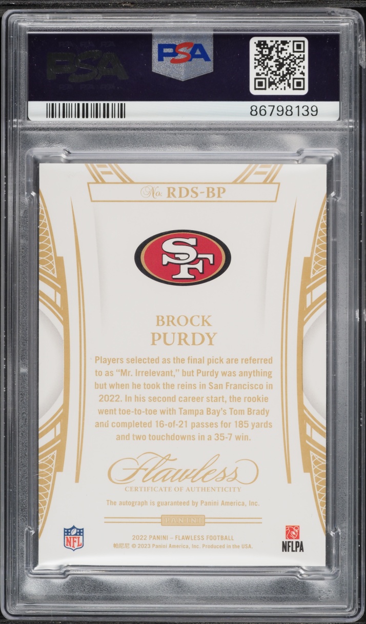 2022 Panini Flawless Debut Brock Purdy ROOKIE AUTO DNA 10 /25 #RDS-BP PSA 10 GEM MINT - Photo 2