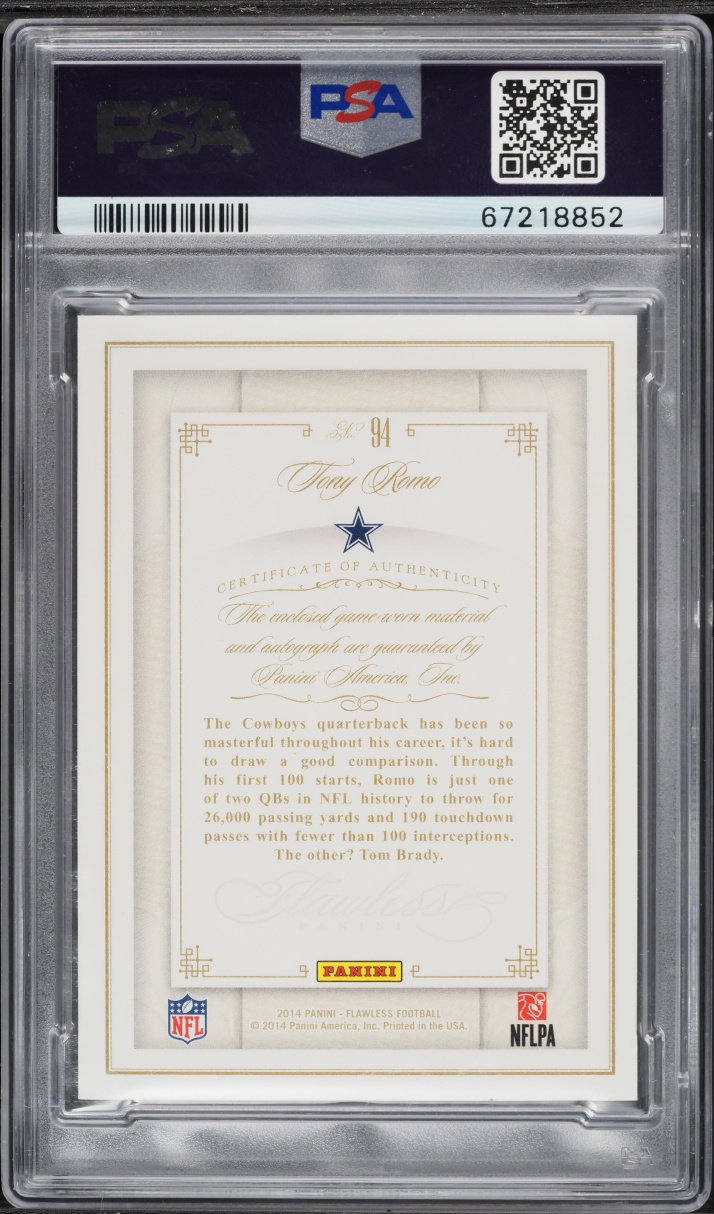 2014 Panini Flawless Ruby Tony Romo PATCH AUTO DNA 10 JERSEY # 9/15 #94 PSA 10 GEM MINT - Photo 2