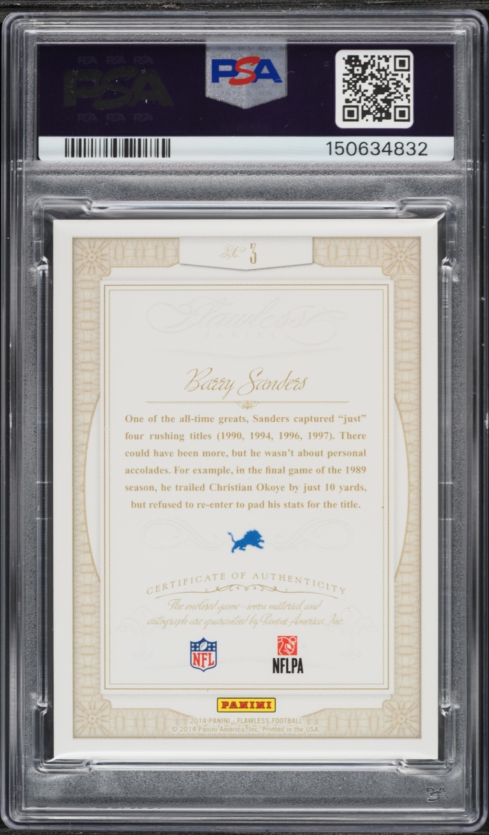 2014 Panini Flawless Greats Barry Sanders PATCH AUTO /25 #3 PSA 8 NM-MT - Photo 2