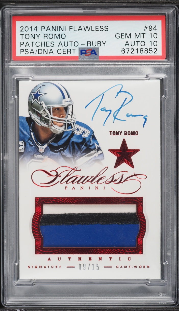 2014 Panini Flawless Ruby Tony Romo PATCH AUTO DNA 10 JERSEY # 9/15 #94 PSA 10 GEM MINT - Photo 1